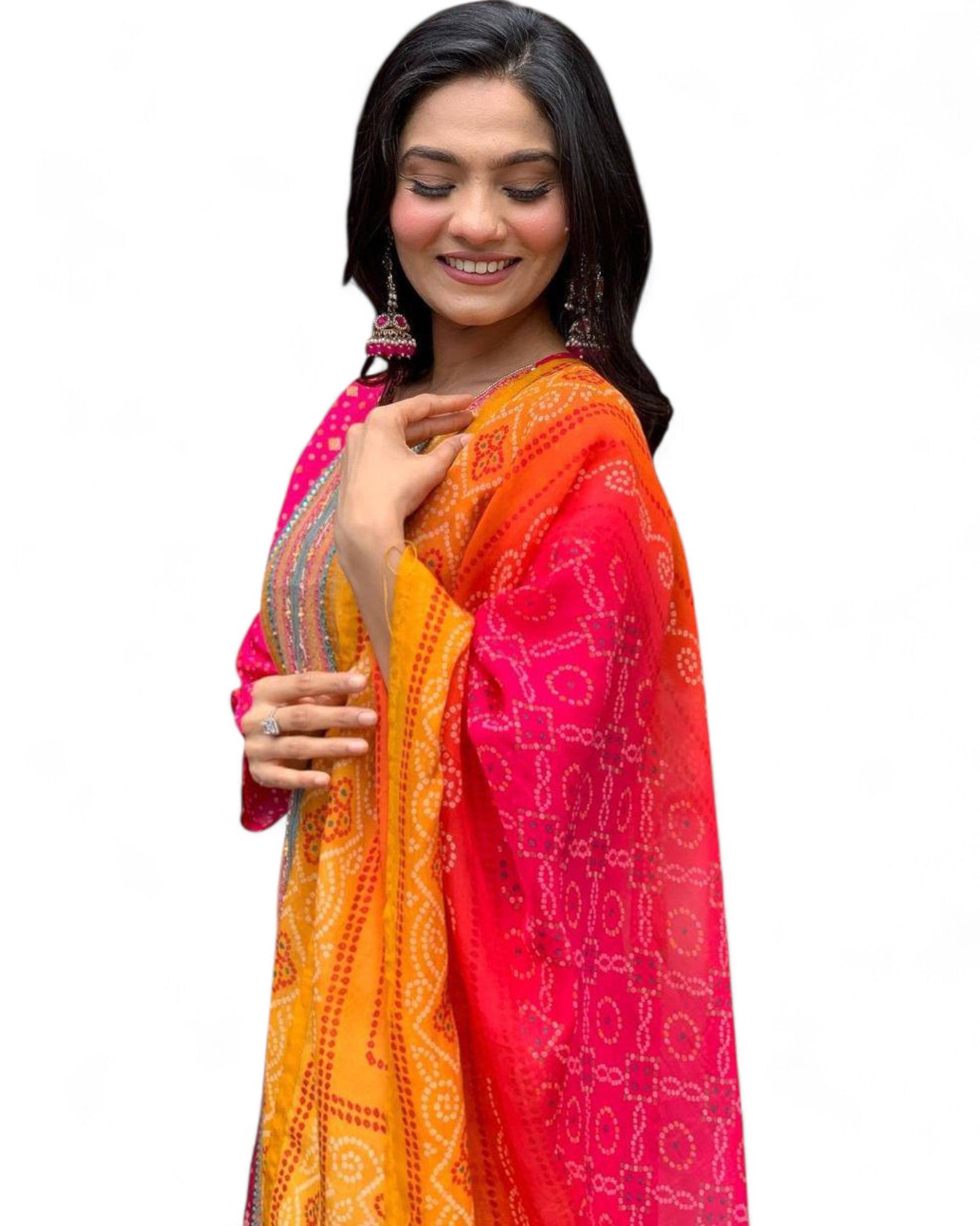 Pink Model Satin Bandhni Print Stone Work Ceremonial Pant Salwar Suit