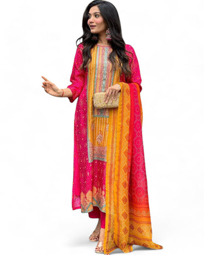 Pink Model Satin Bandhni Print Stone Work Ceremonial Pant Salwar Suit