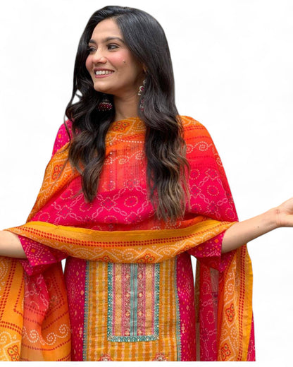 Pink Model Satin Bandhni Print Stone Work Ceremonial Pant Salwar Suit