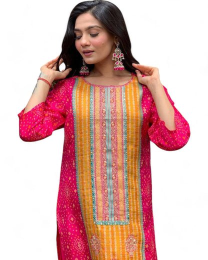 Pink Model Satin Bandhni Print Stone Work Ceremonial Pant Salwar Suit