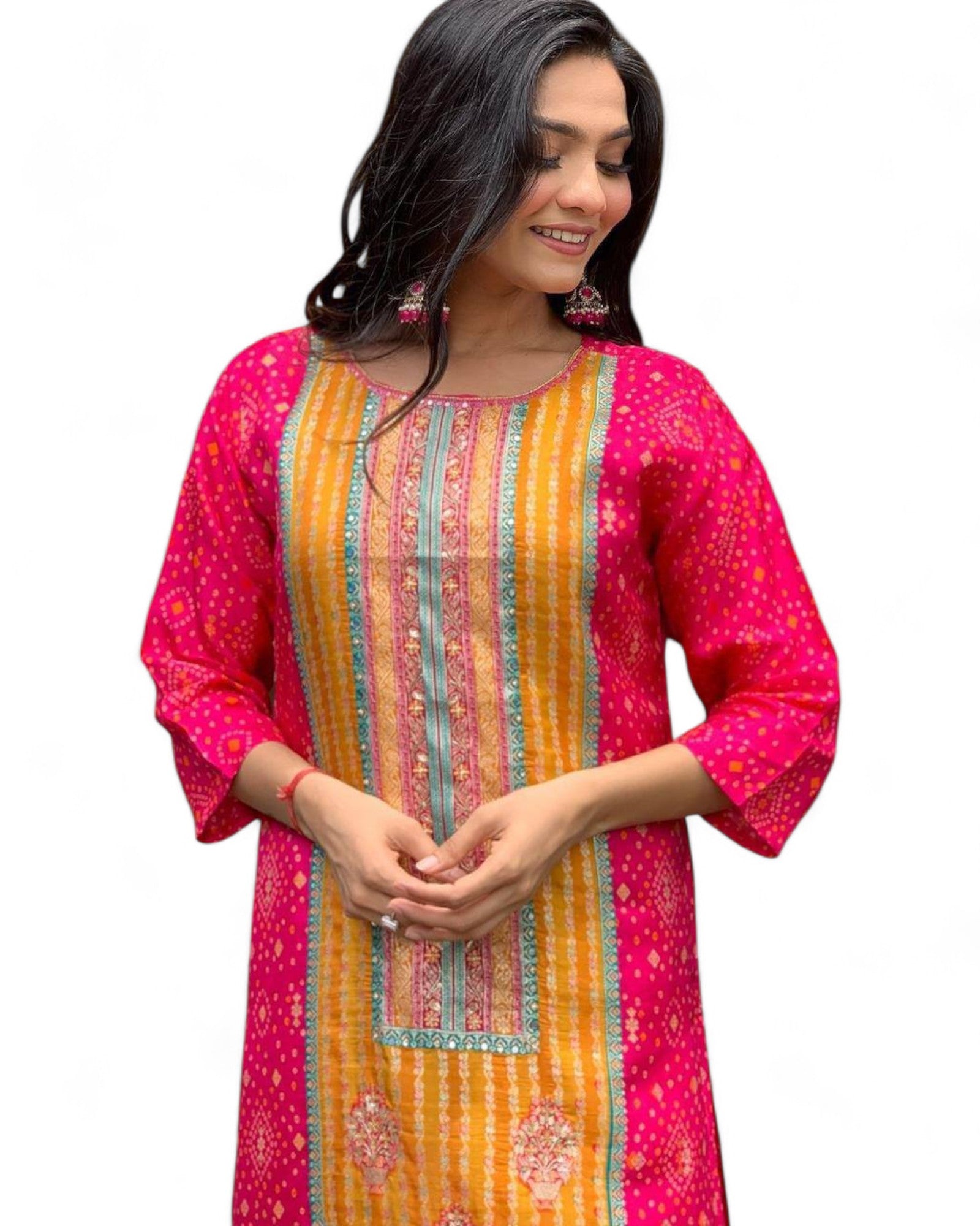 Pink Model Satin Bandhni Print Stone Work Ceremonial Pant Salwar Suit