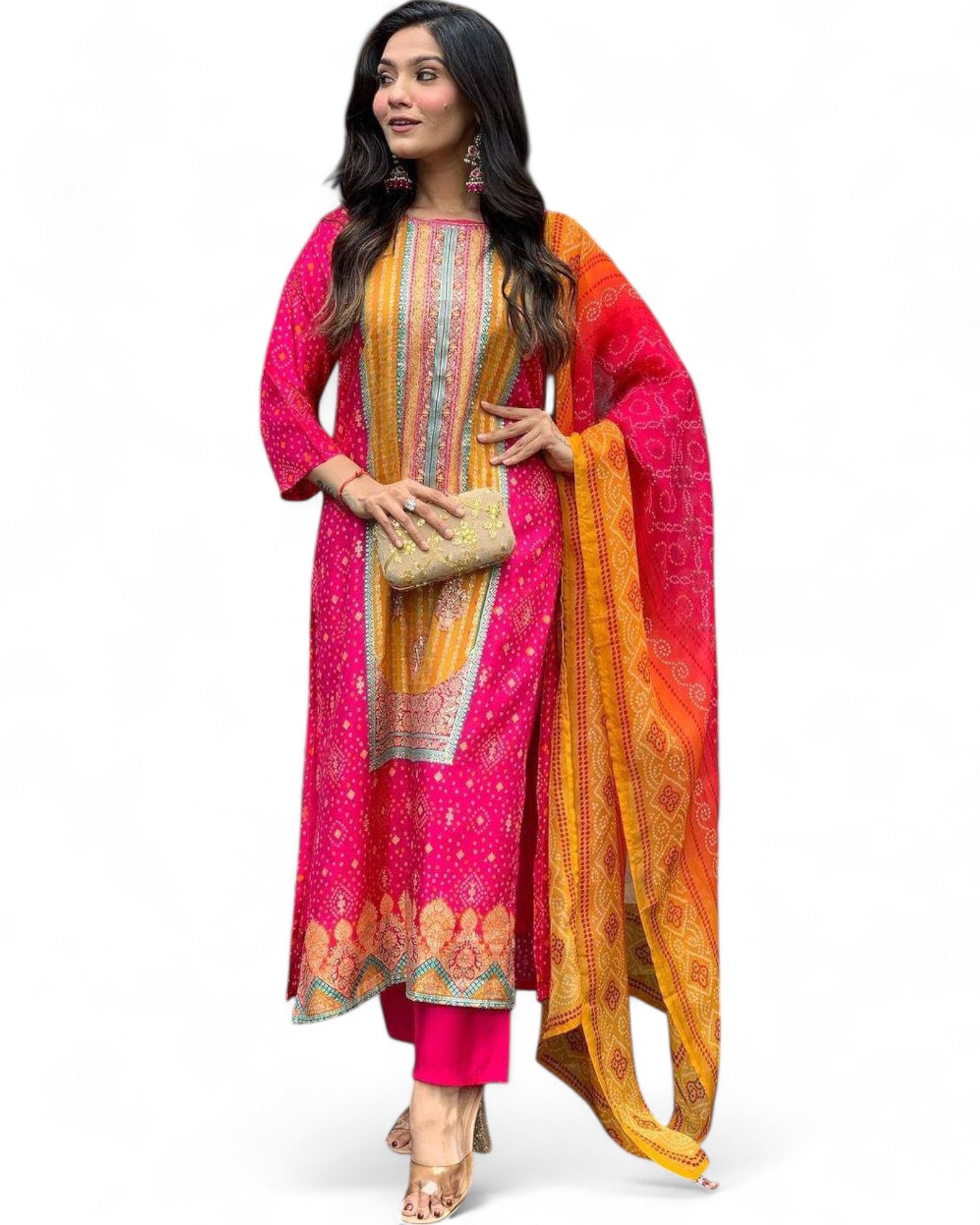 Pink Model Satin Bandhni Print Stone Work Ceremonial Pant Salwar Suit