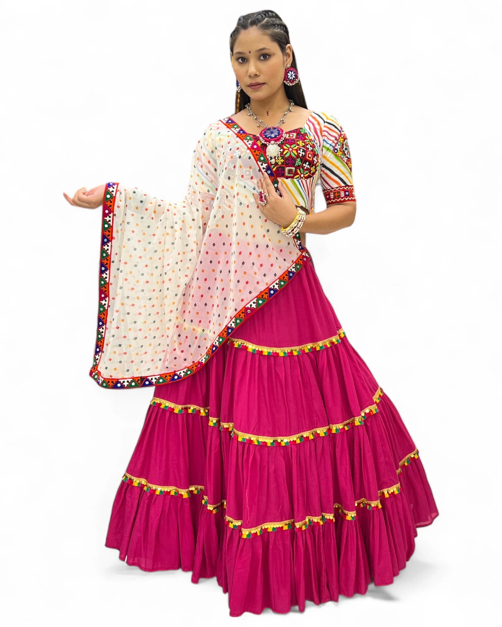 Pink Rayon Navratri Gujarati Garba Lehenga Chaniya Choli with Stitched Blouse