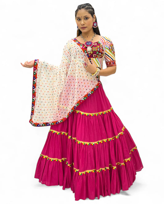 Pink Rayon Navratri Gujarati Garba Lehenga Chaniya Choli with Stitched Blouse