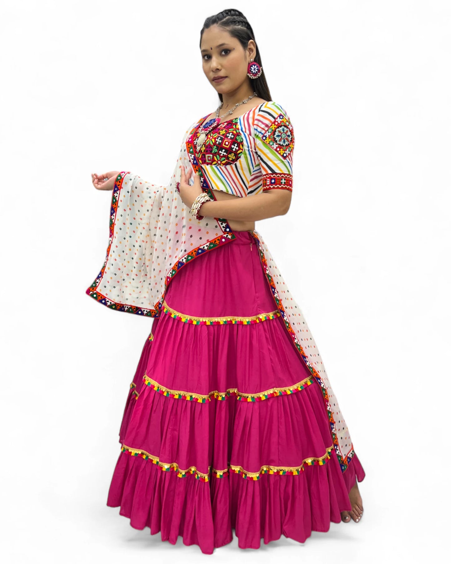 Pink Rayon Navratri Gujarati Garba Lehenga Chaniya Choli with Stitched Blouse