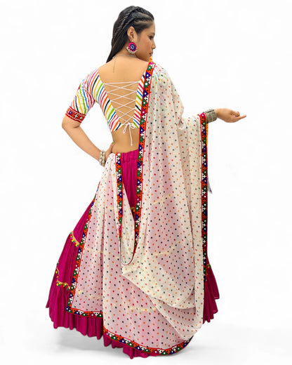 Pink Rayon Navratri Gujarati Garba Lehenga Chaniya Choli with Stitched Blouse