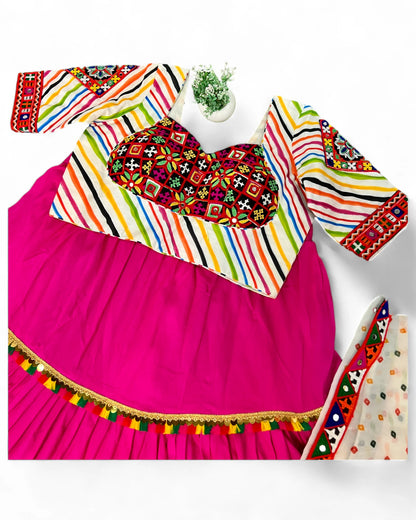 Pink Rayon Navratri Gujarati Garba Lehenga Chaniya Choli with Stitched Blouse