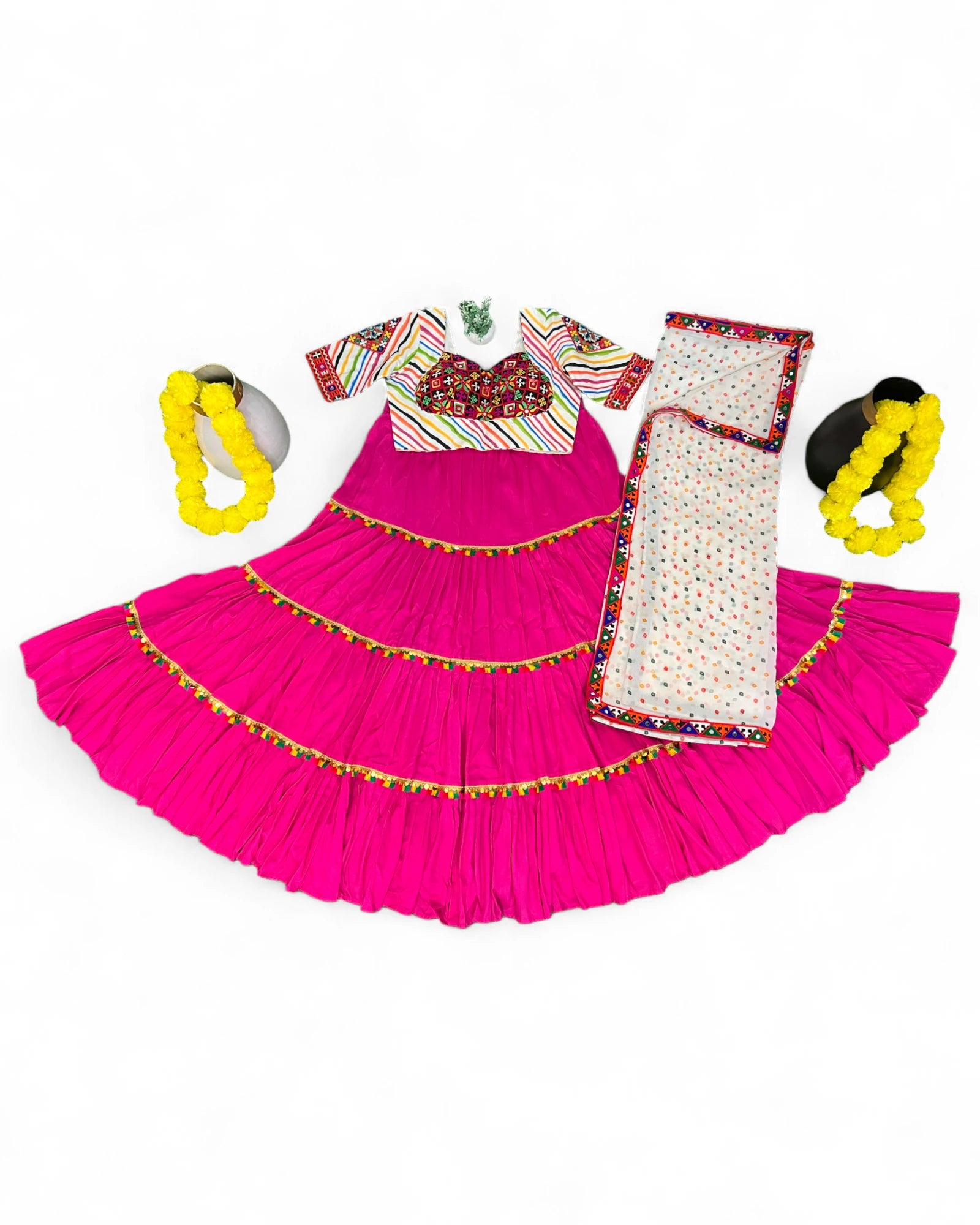 Pink Rayon Navratri Gujarati Garba Lehenga Chaniya Choli with Stitched Blouse