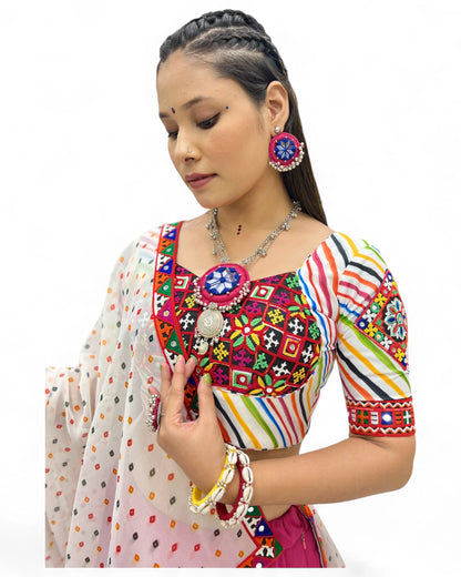 Pink Rayon Navratri Gujarati Garba Lehenga Chaniya Choli with Stitched Blouse