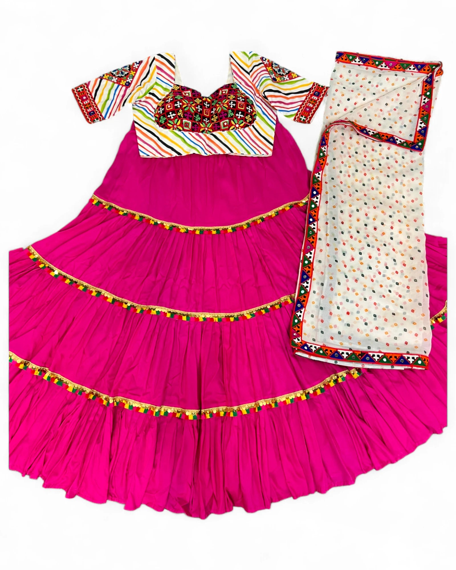 Pink Rayon Navratri Gujarati Garba Lehenga Chaniya Choli with Stitched Blouse