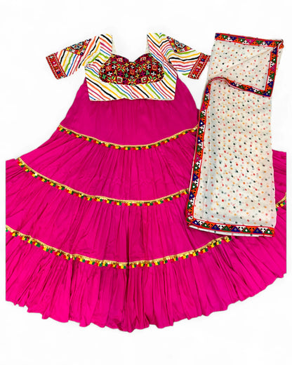 Pink Rayon Navratri Gujarati Garba Lehenga Chaniya Choli with Stitched Blouse