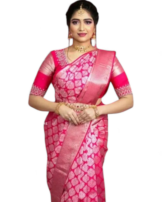 Pink Soft Lichi Silk Jacquard Work Rich Pallu Wedding Saree
