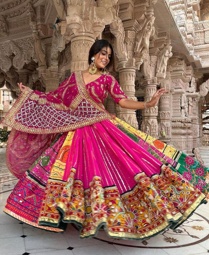 Pink cotton mirror work gujarati navratri lehenga chaniya choli