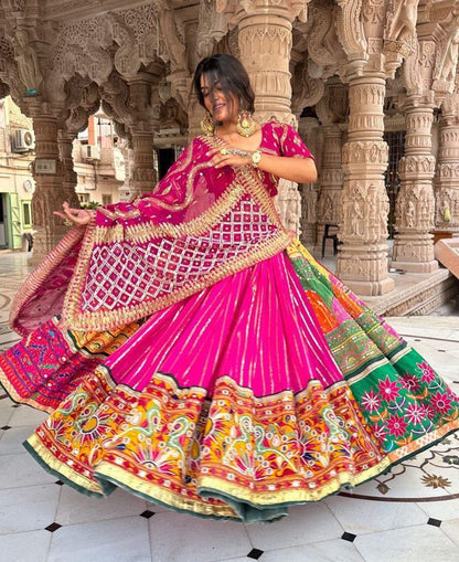Pink cotton mirror work gujarati navratri lehenga chaniya choli
