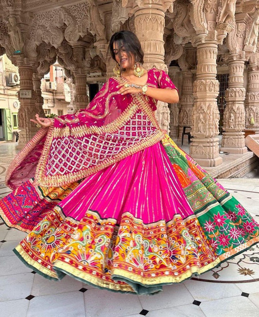 Pink cotton mirror work gujarati navratri lehenga chaniya choli