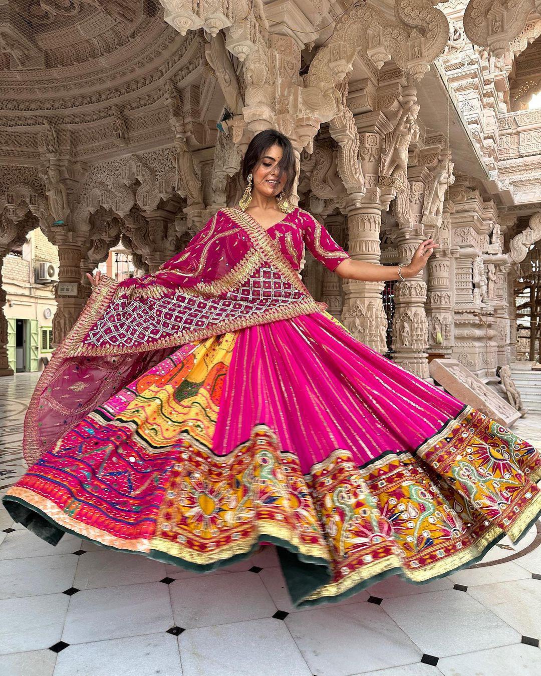 Pink cotton mirror work gujarati navratri lehenga chaniya choli