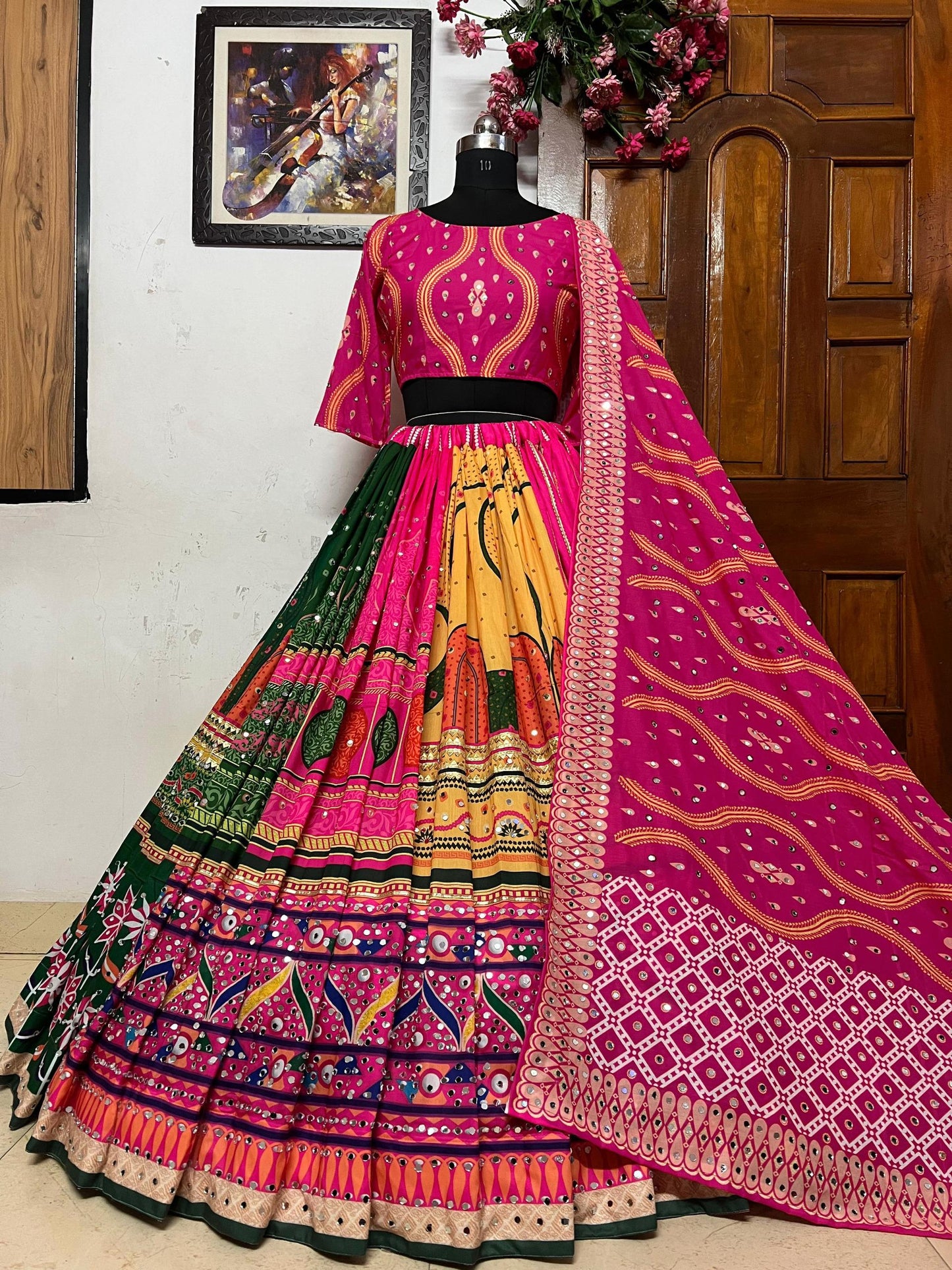 Pink cotton mirror work gujarati navratri lehenga chaniya choli