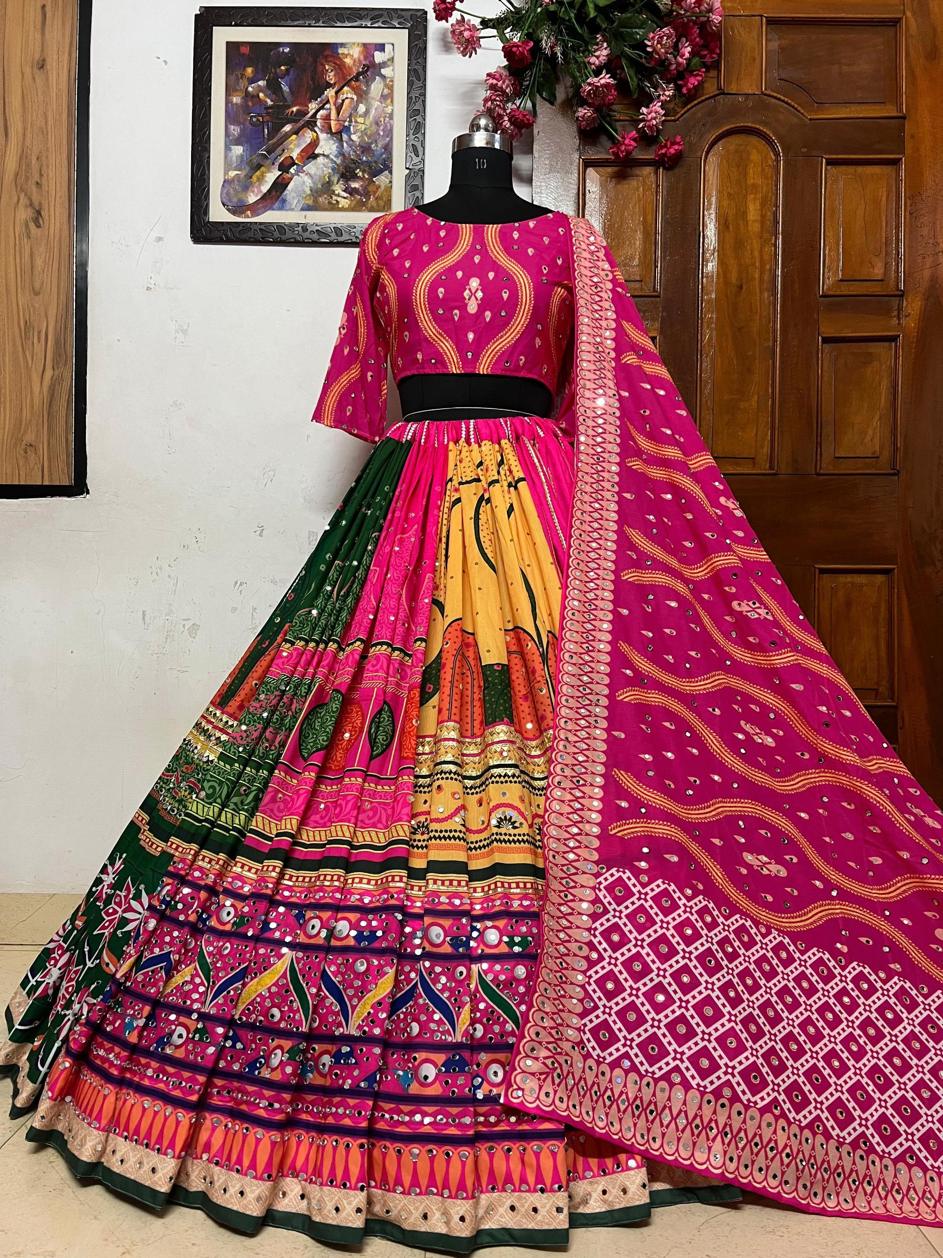 Pink cotton mirror work gujarati navratri lehenga chaniya choli