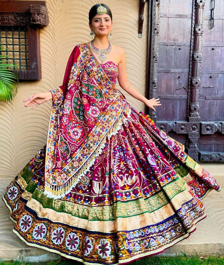 Pink cotton mirror work navratri chaniya choli