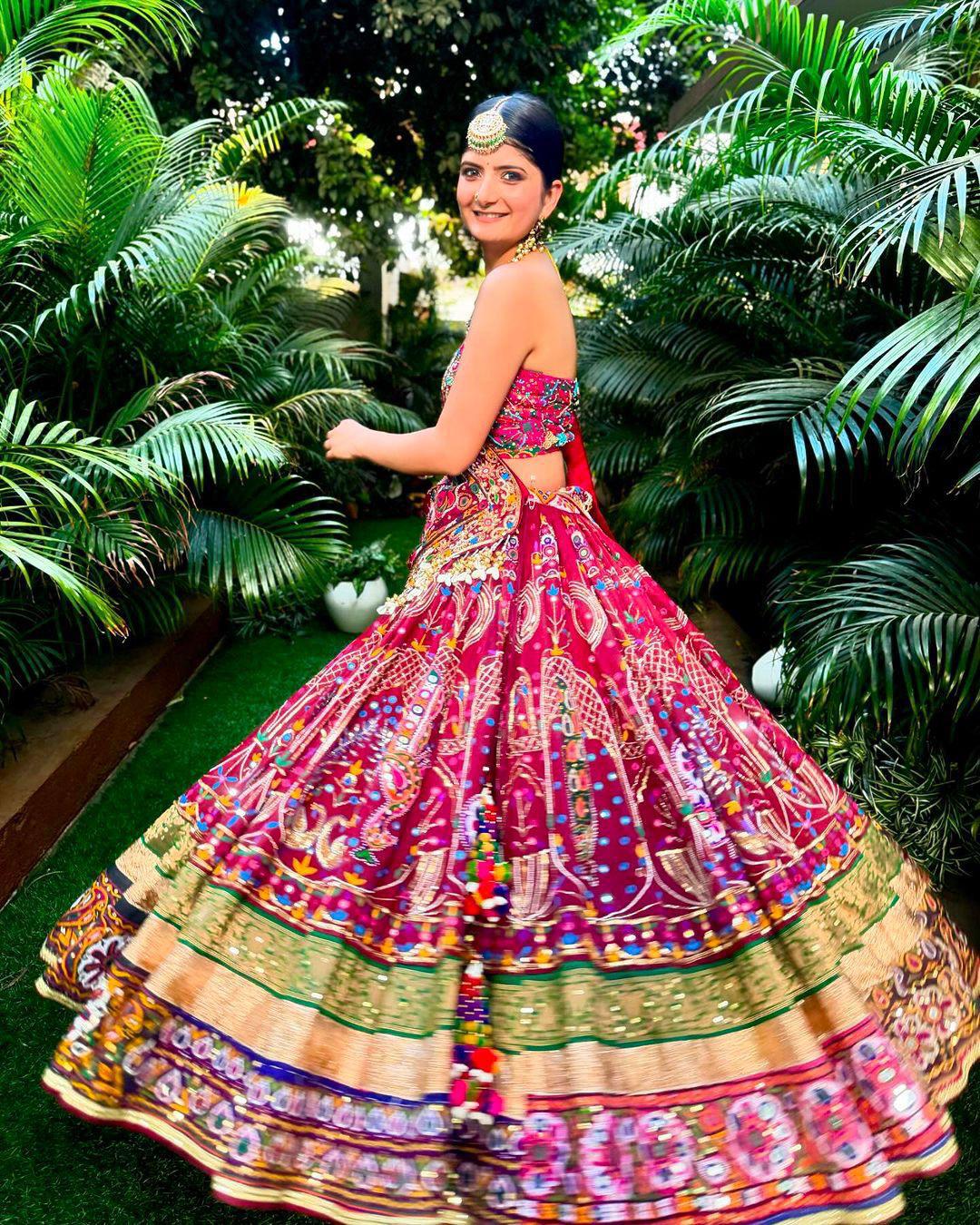 Pink cotton mirror work navratri chaniya choli