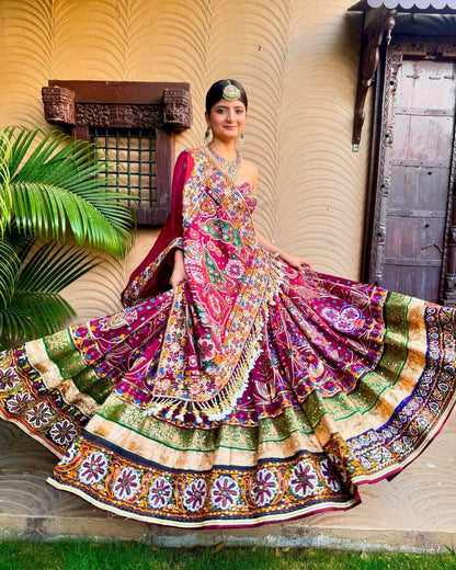 Pink cotton mirror work navratri chaniya choli