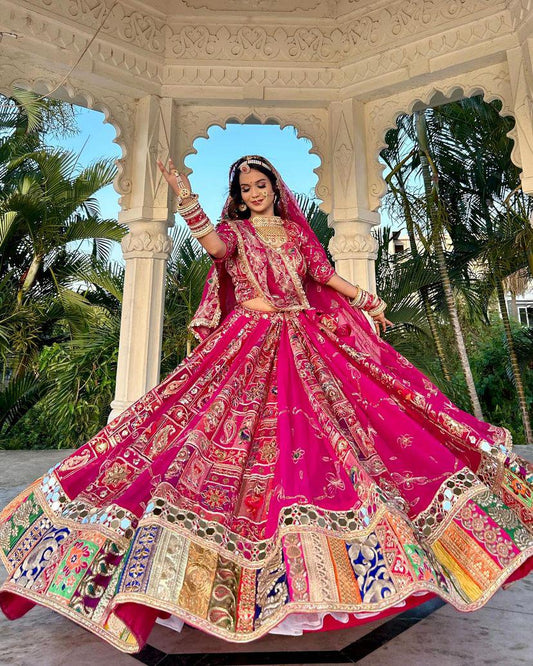 Pink cotton print mirror work navratri lehenga chaniya choli