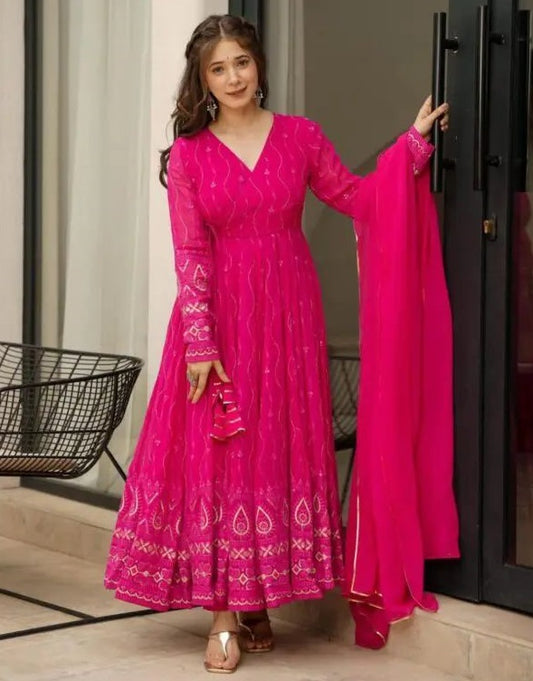 Pink georgette embroidered party wear anarkali suit
