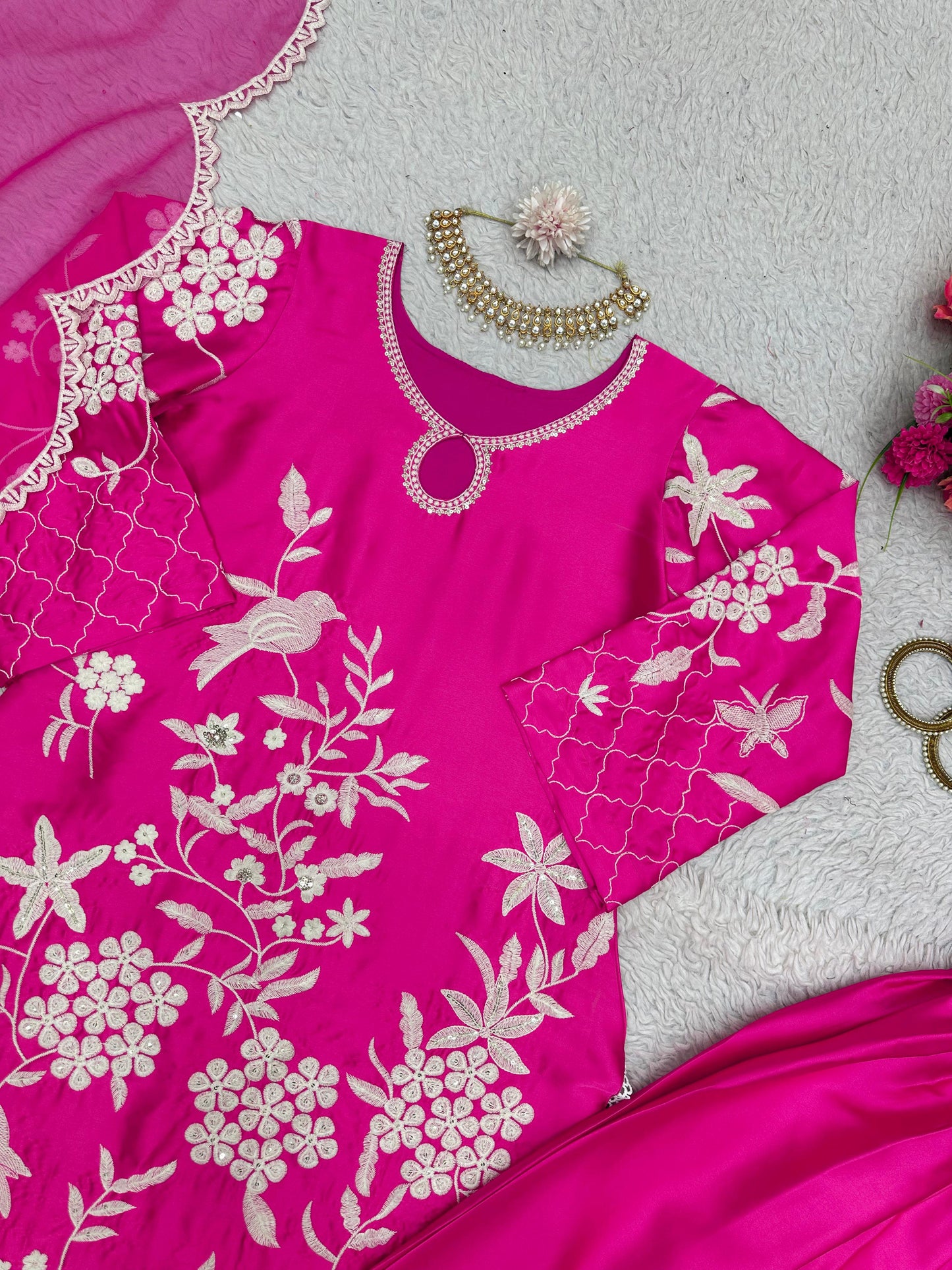 Pink japan satin embroidered patiyala punjabi suit