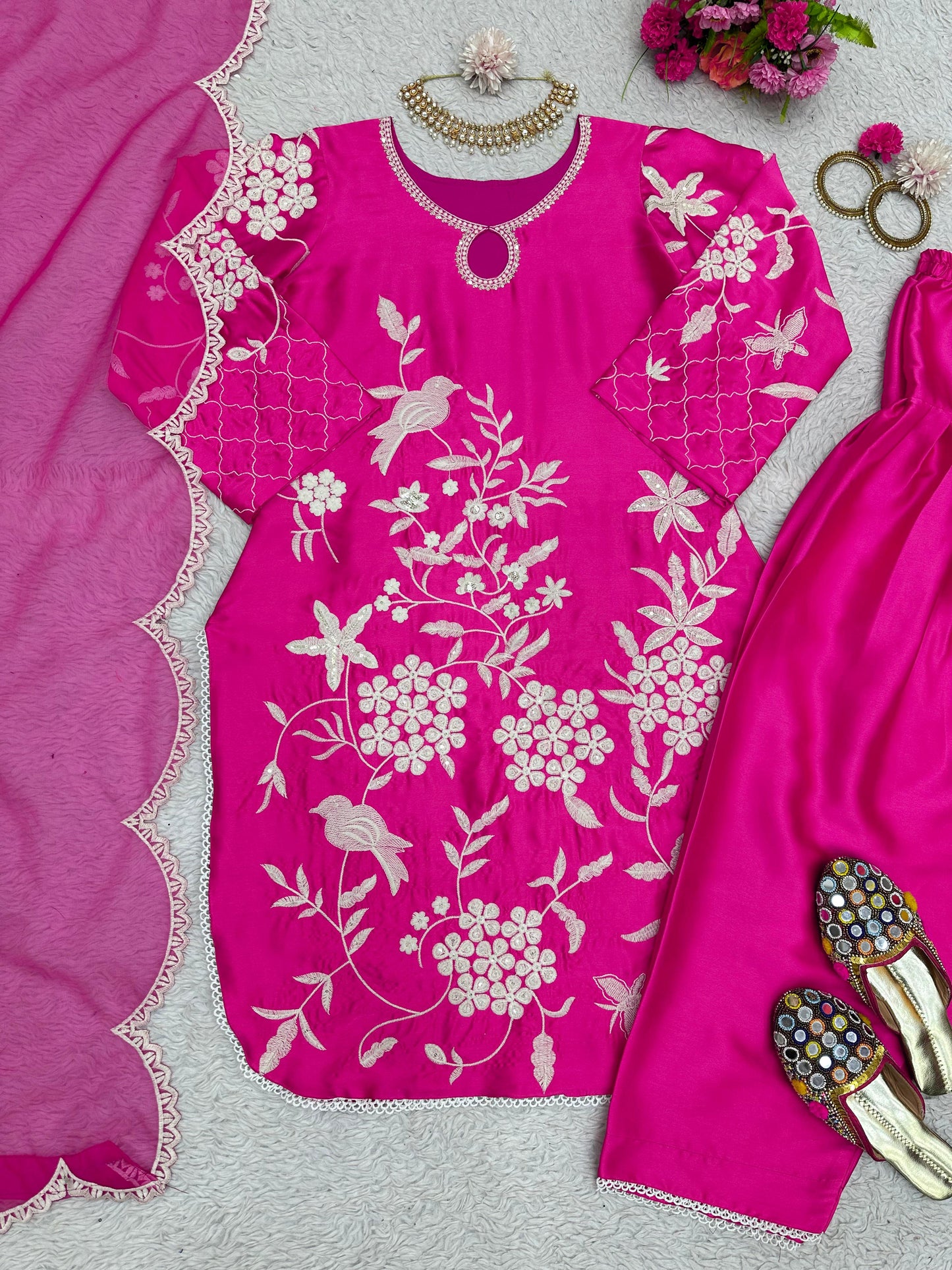 Pink japan satin embroidered patiyala punjabi suit