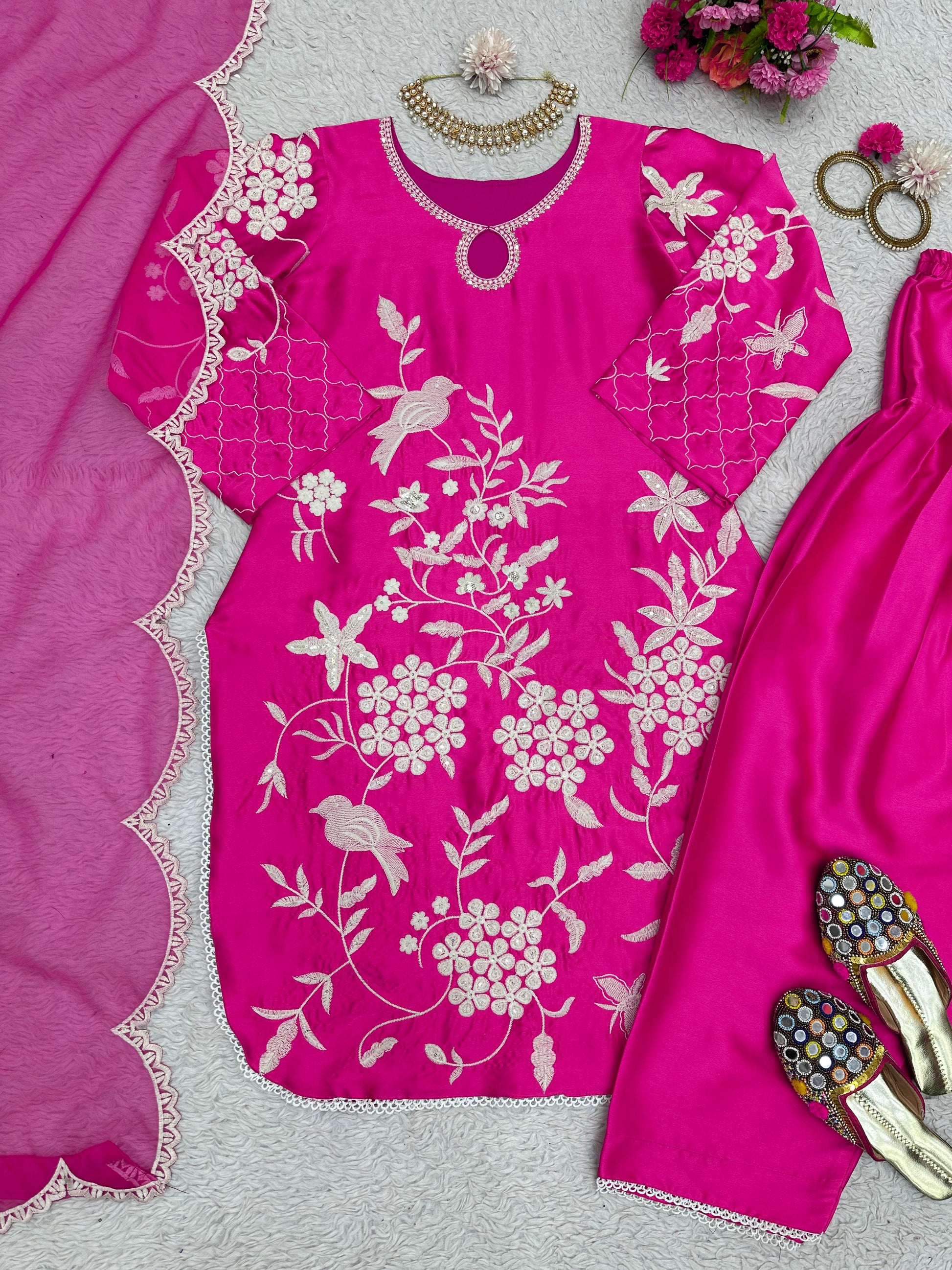 Pink japan satin embroidered patiyala punjabi suit