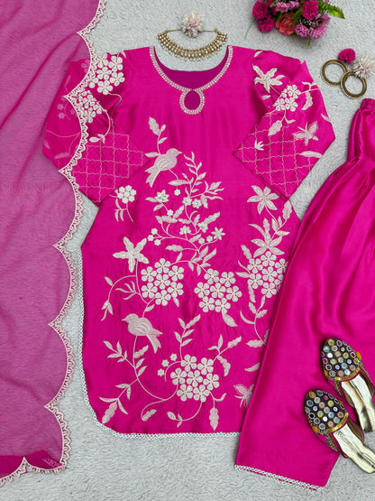 Pink japan satin embroidered patiyala punjabi suit