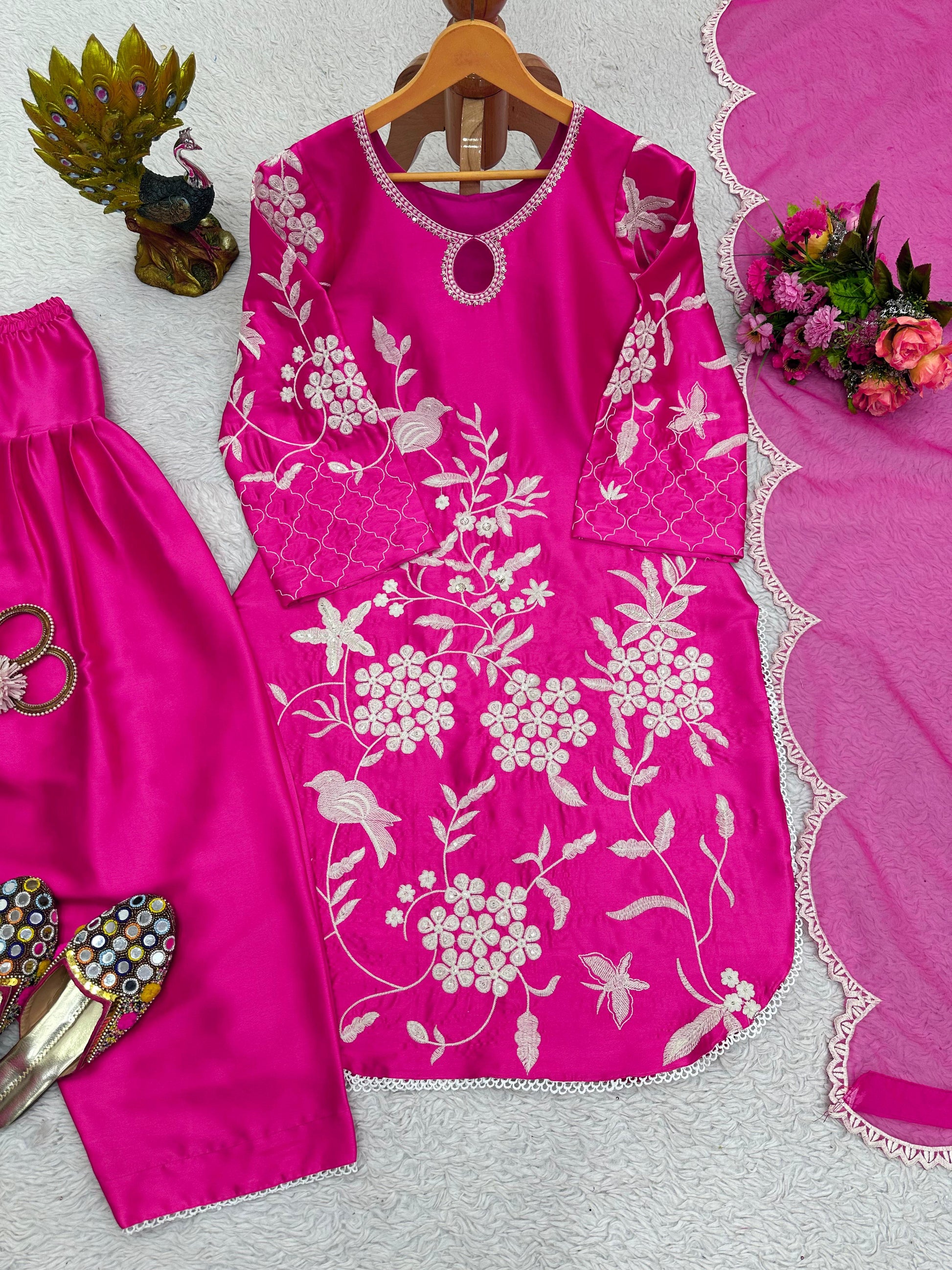Pink japan satin embroidered patiyala punjabi suit