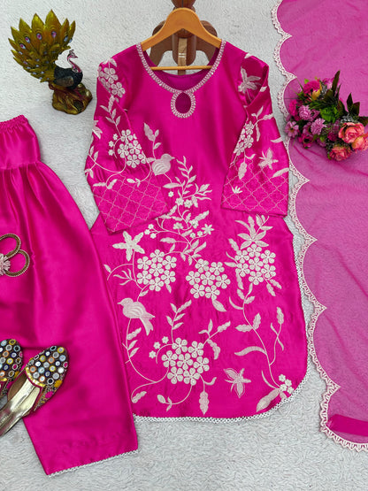 Pink japan satin embroidered patiyala punjabi suit