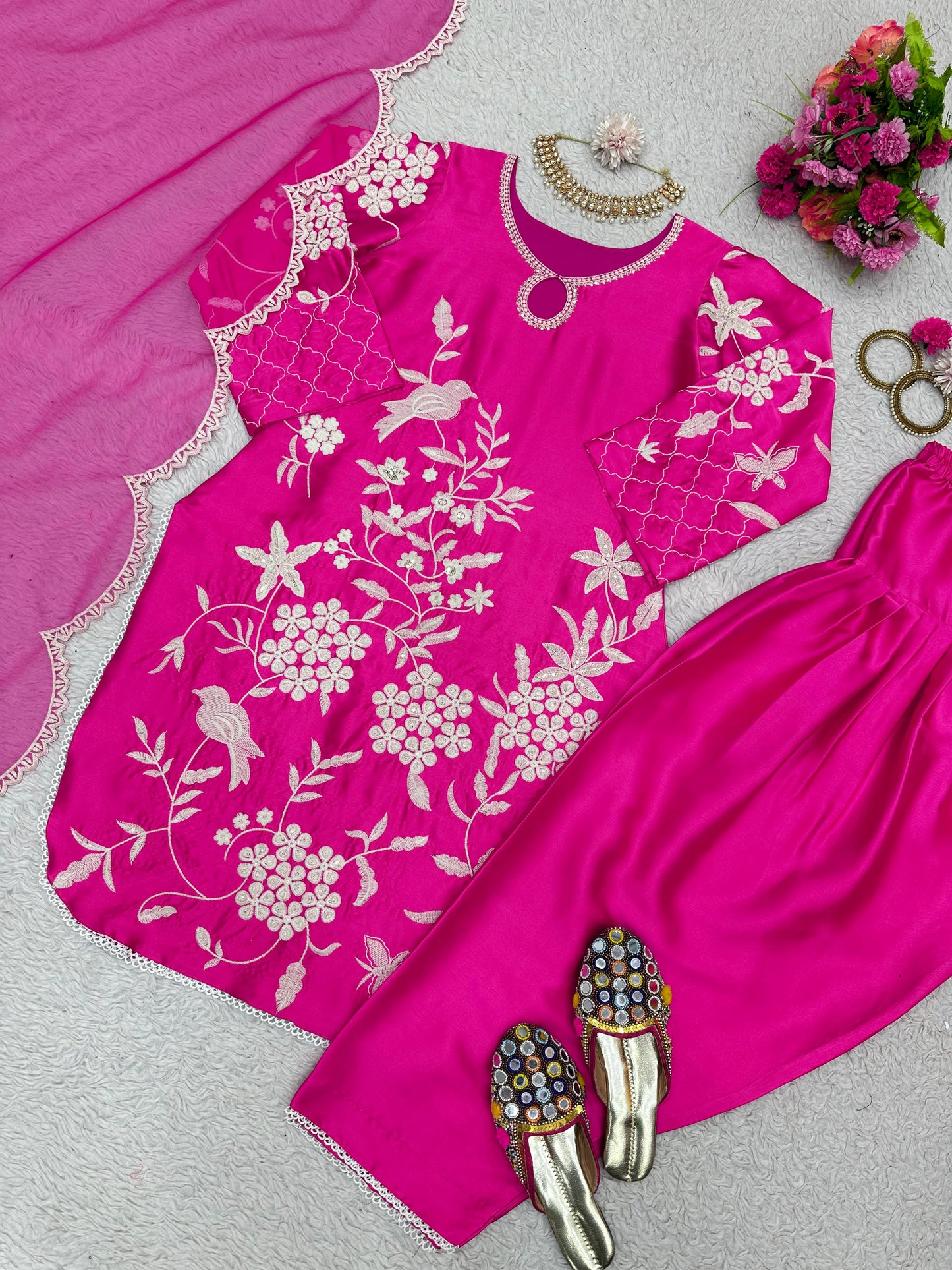 Pink japan satin embroidered patiyala punjabi suit