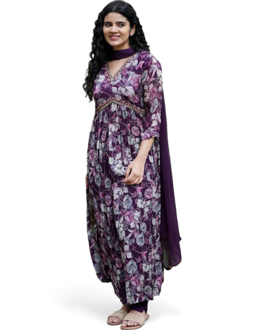 Purple floral printed georgette alia cut suit