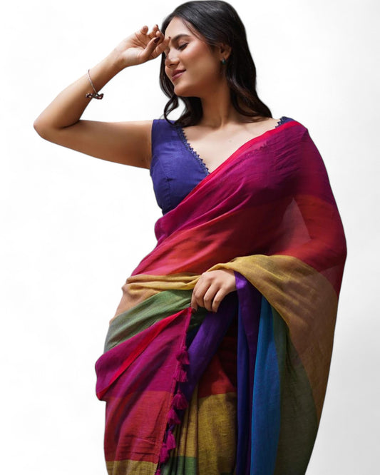 Rainbow Multicolor Printed Linen Cotton Saree with Fumka Latkan Rainbow Free Size A