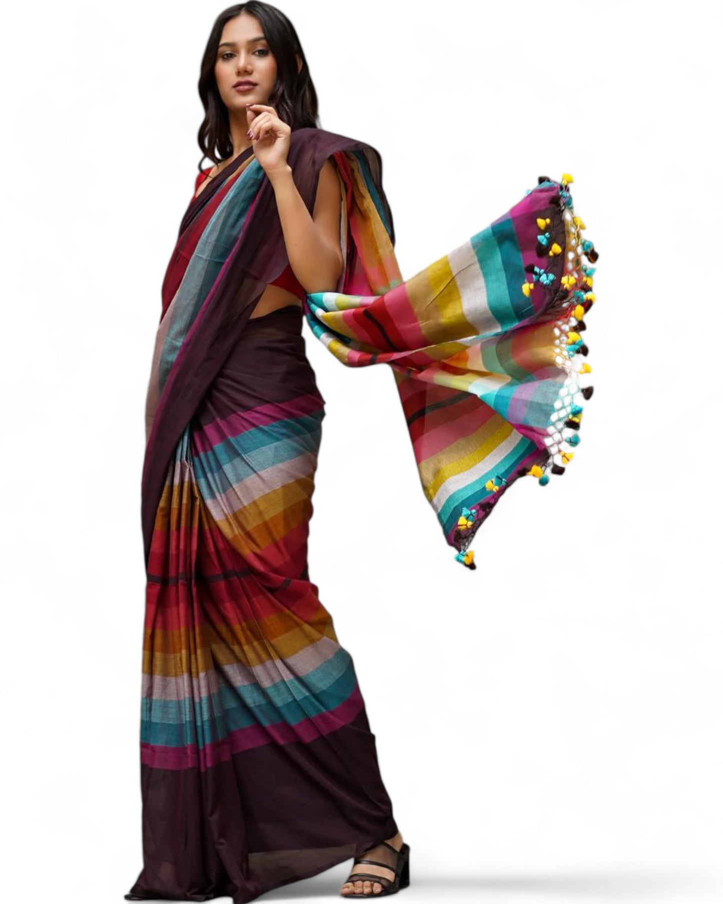 Rainbow Multicolor Printed Linen Cotton Saree with Fumka Latkan Rainbow Free Size B