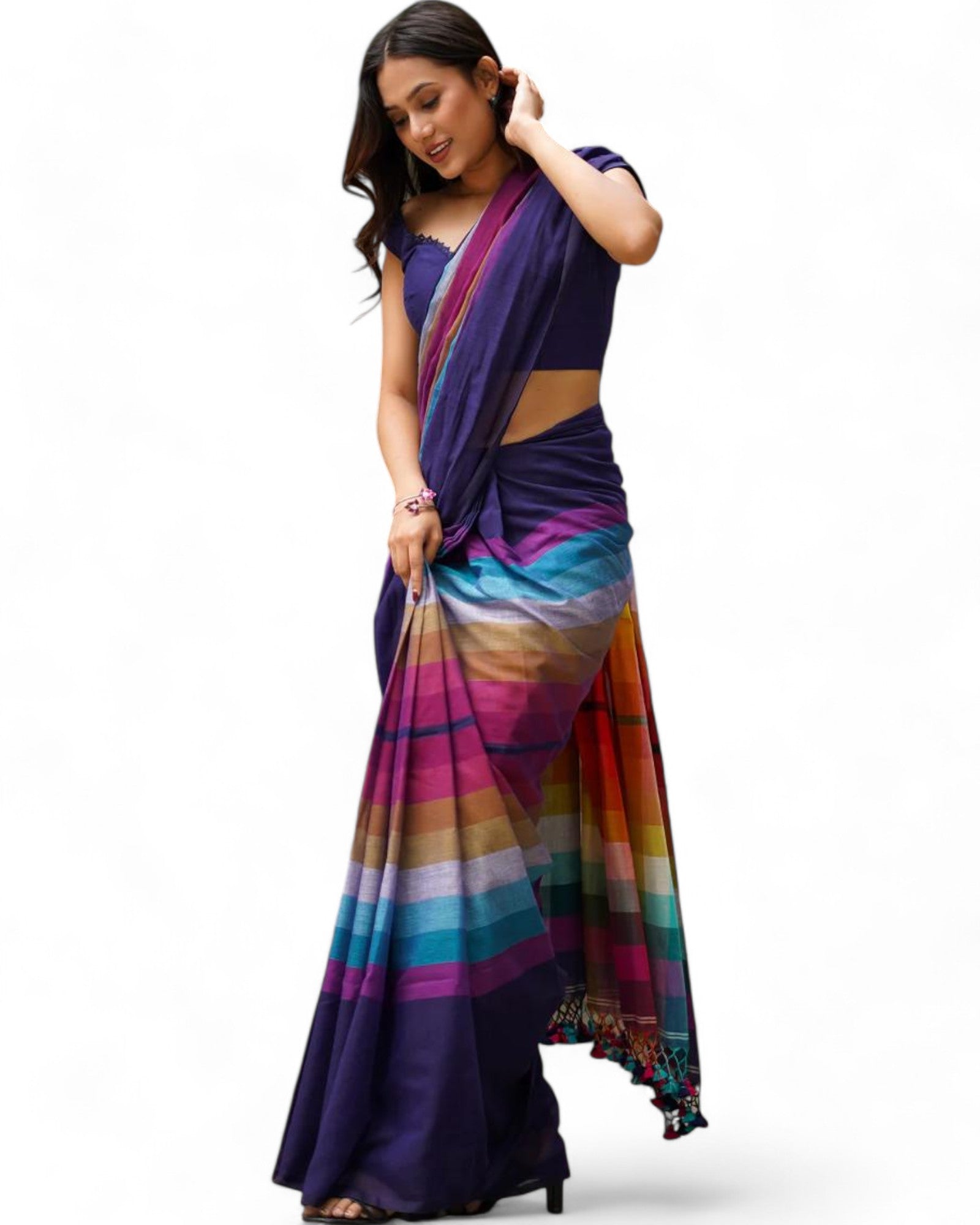 Rainbow Multicolor Printed Linen Cotton Saree with Fumka Latkan