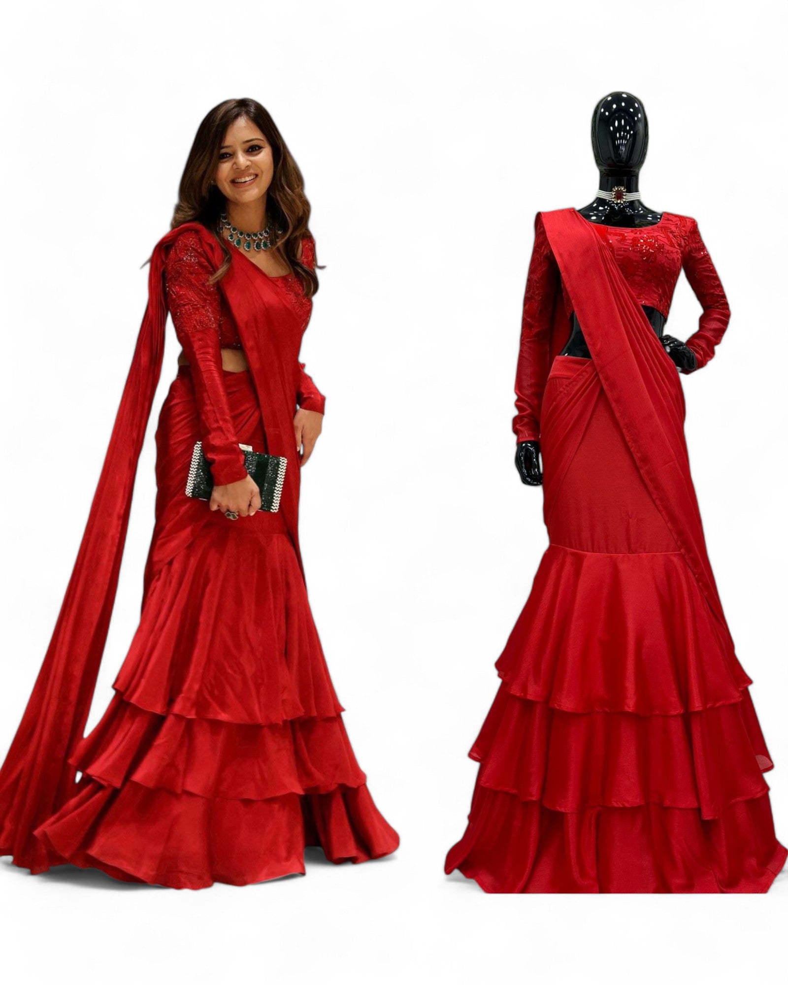 Red Net Choli with Ready Wear Lehenga Saree