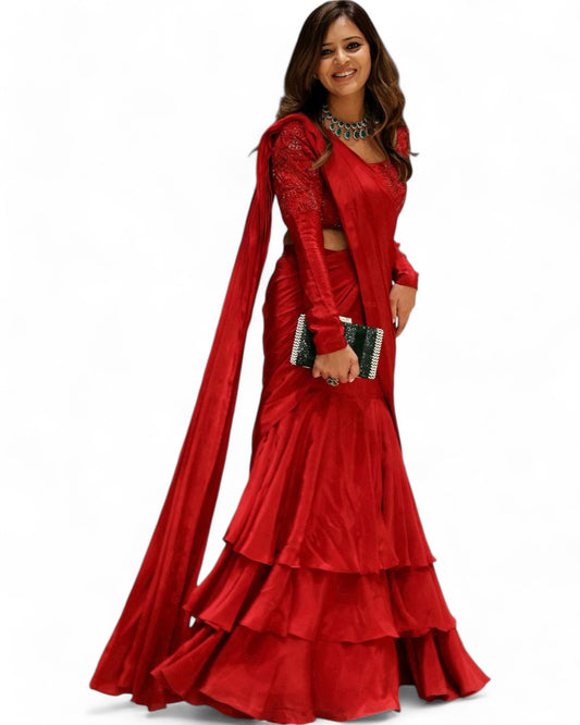 Red Net Choli with Ready Wear Lehenga Saree
