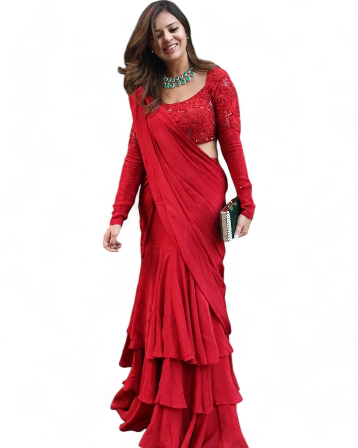 Red Net Choli with Ready Wear Lehenga Saree