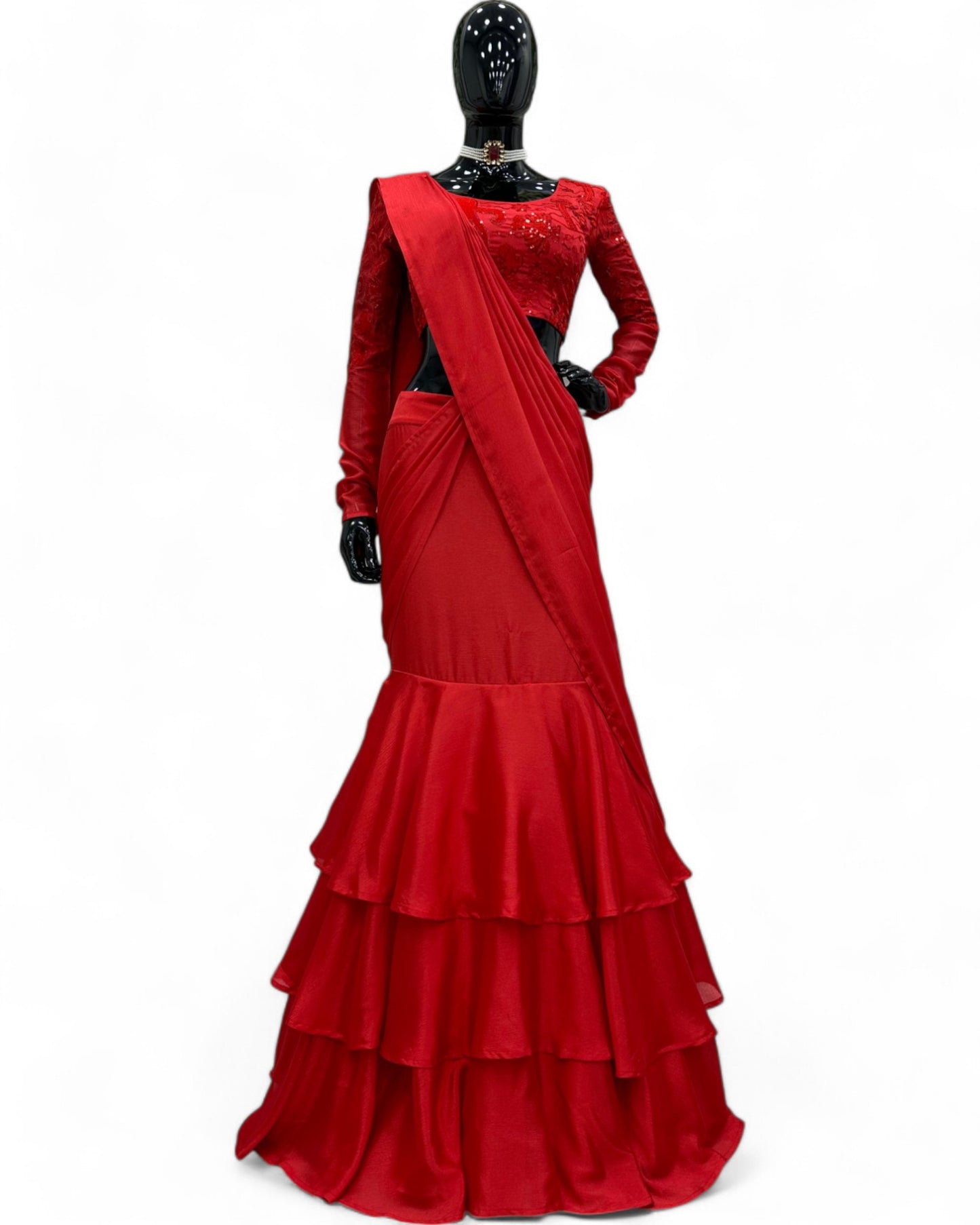Red Net Choli with Ready Wear Lehenga Saree
