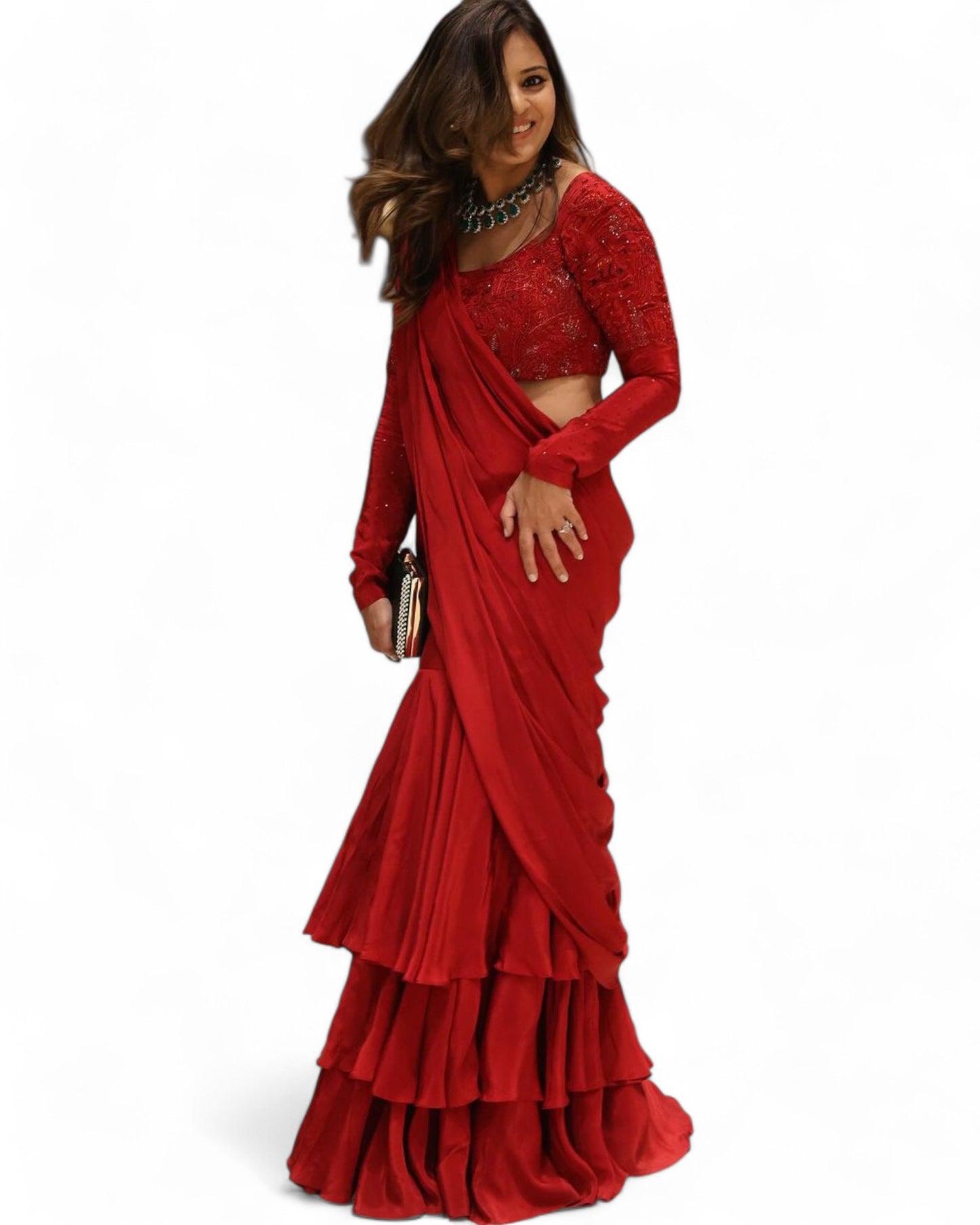Red Net Choli with Ready Wear Lehenga Saree