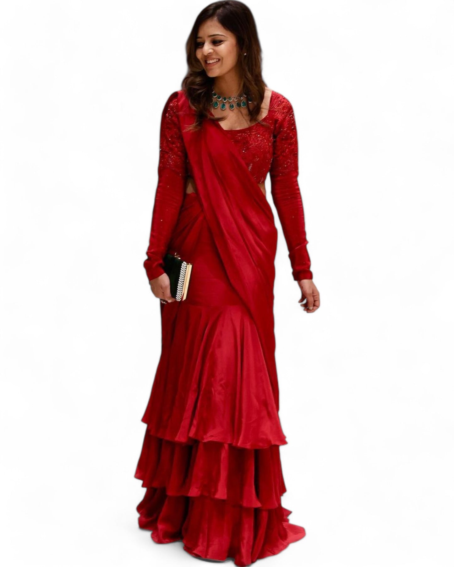 Red Net Choli with Ready Wear Lehenga Saree