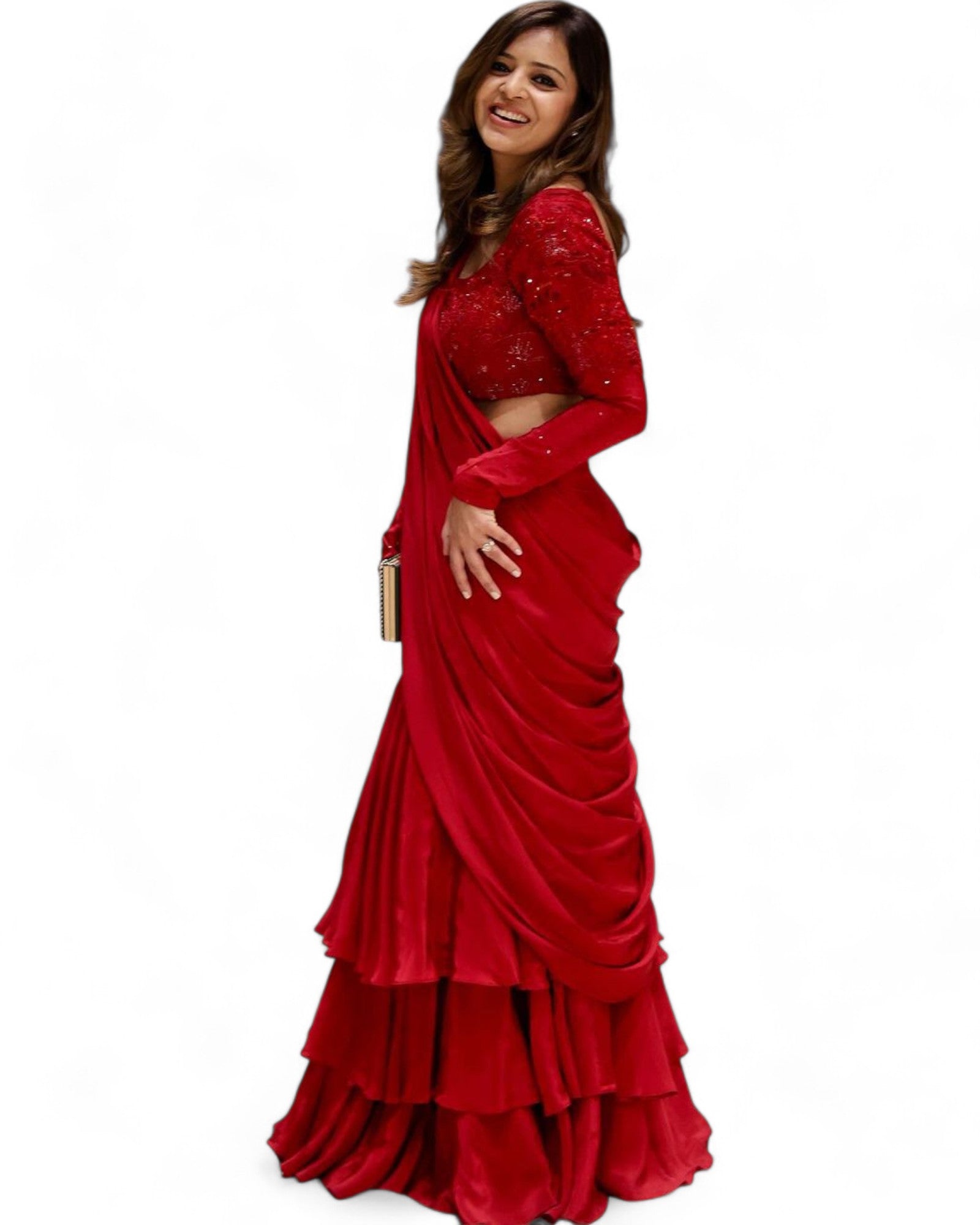 Red Net Choli with Ready Wear Lehenga Saree