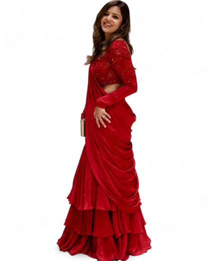Red Net Choli with Ready Wear Lehenga Saree