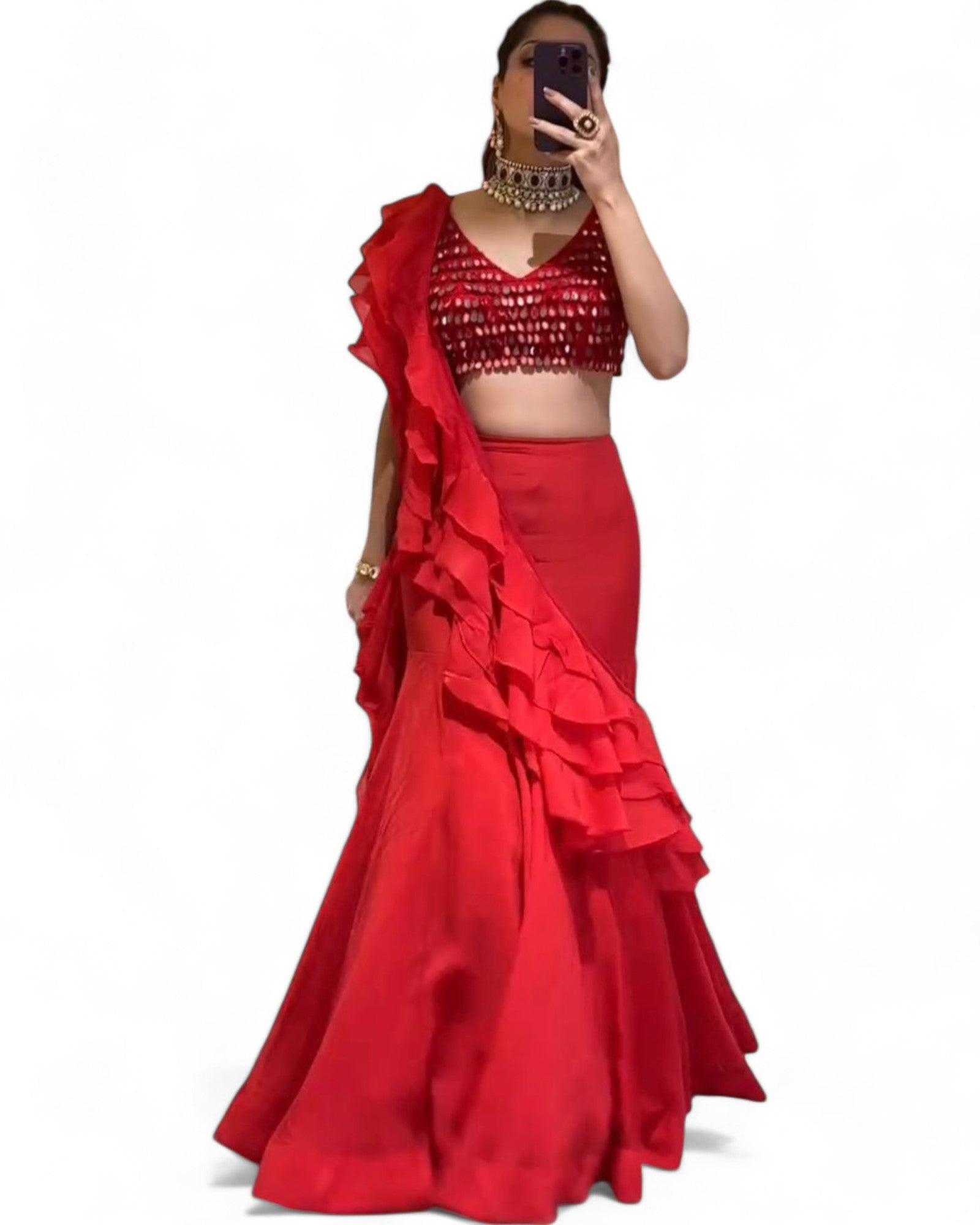 Red Georgette Ready Wear Designer Wedding Ruffle Lehenga Saree