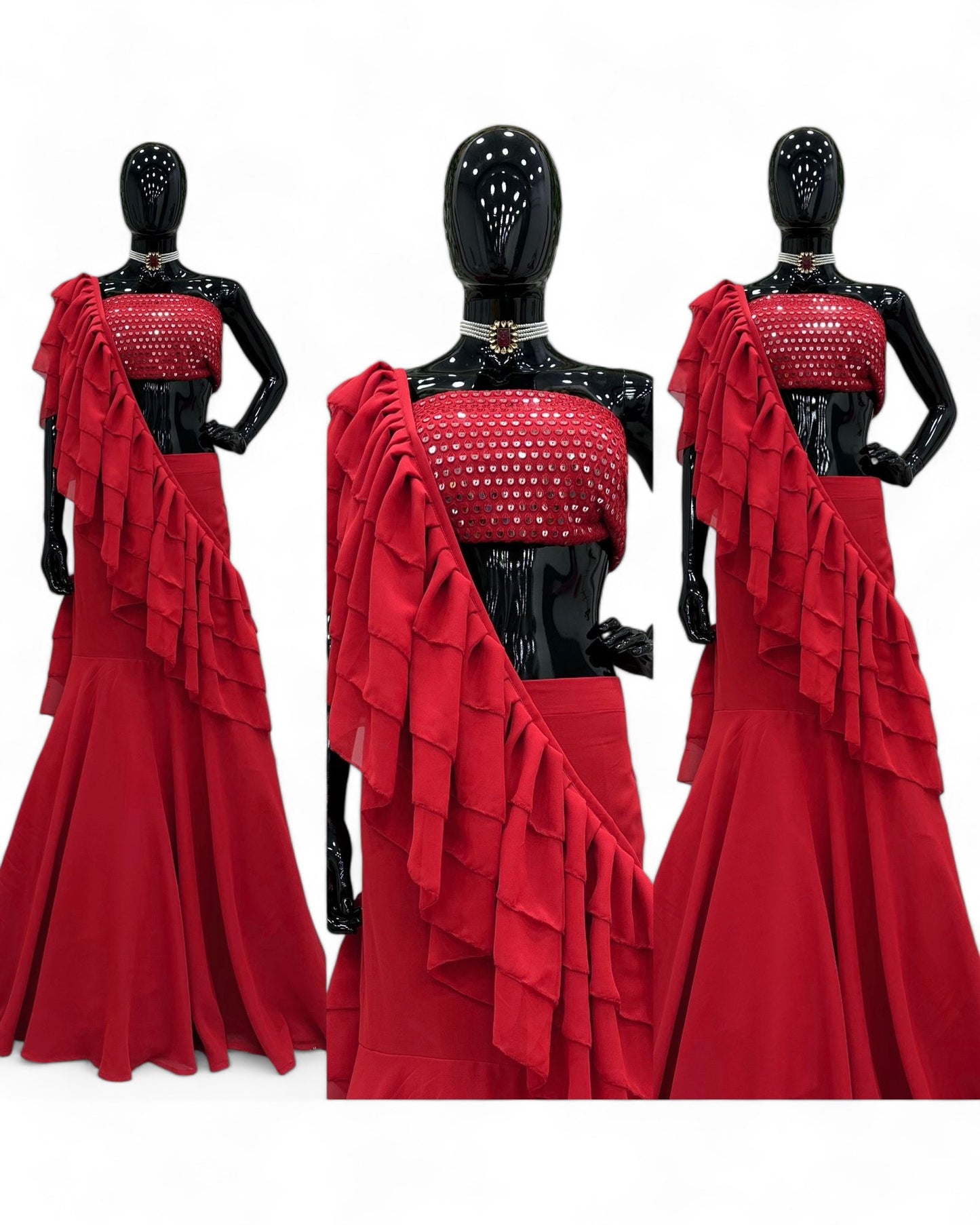 Red Georgette Ready Wear Designer Wedding Ruffle Lehenga Saree