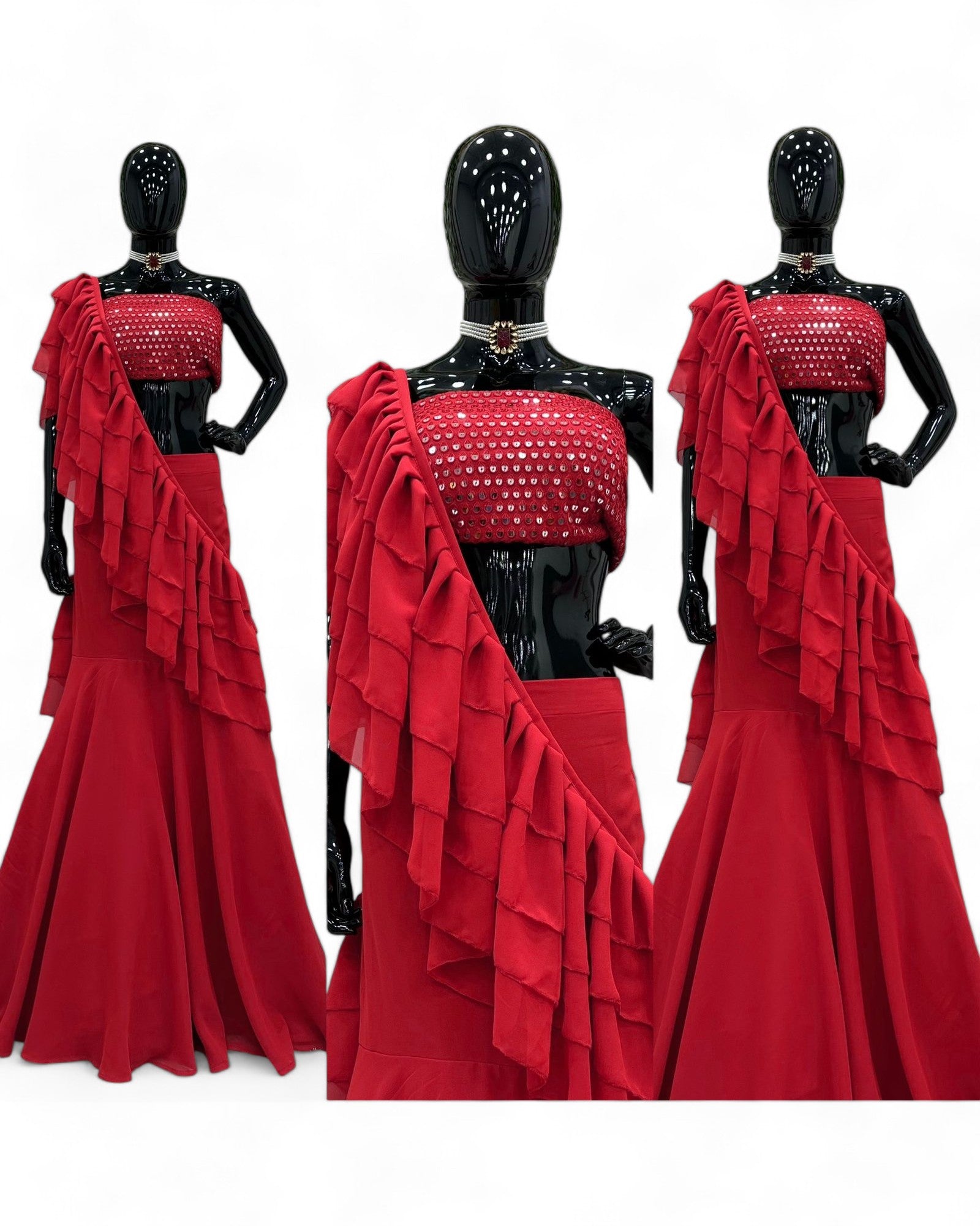 Red Georgette Ready Wear Designer Wedding Ruffle Lehenga Saree