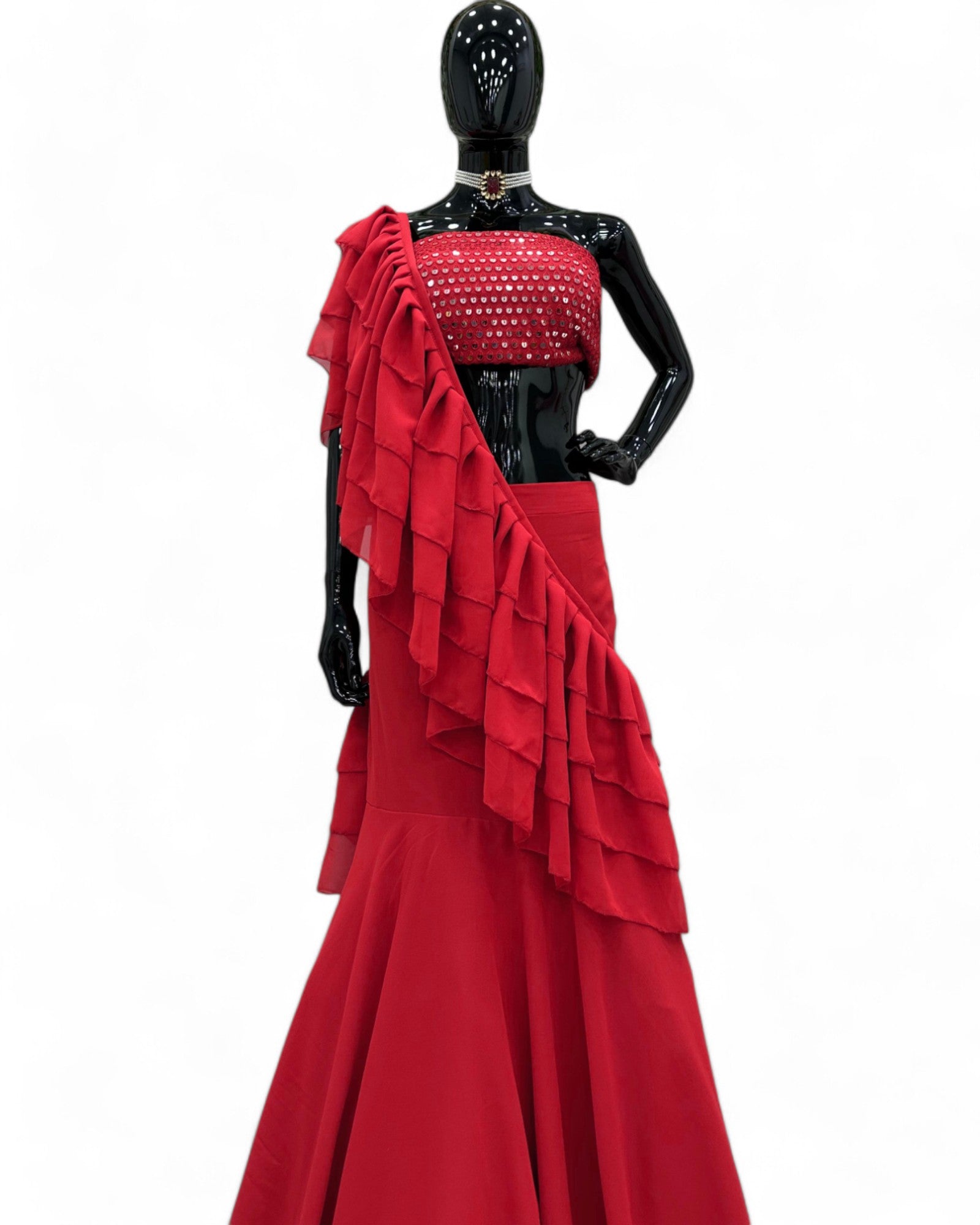 Red Georgette Ready Wear Designer Wedding Ruffle Lehenga Saree